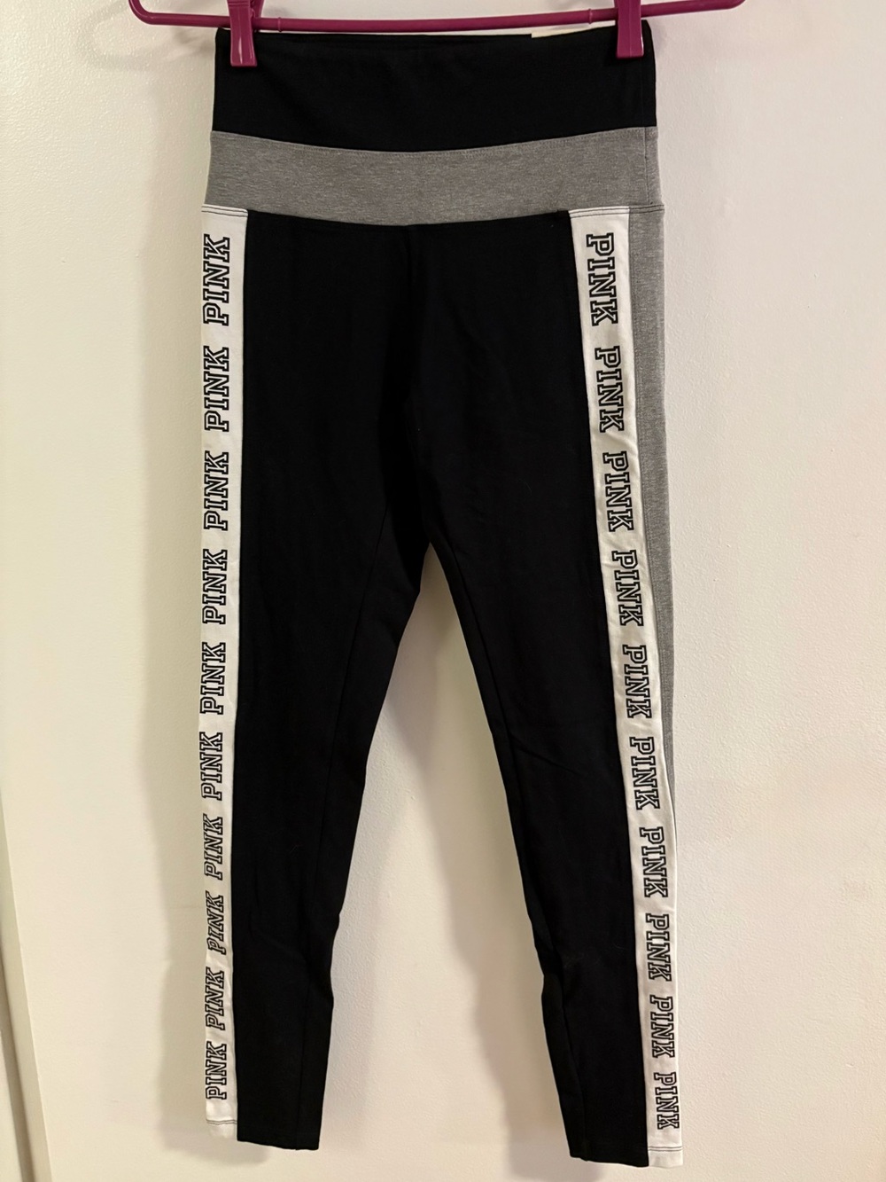 PINK Victoria's Secret Black Leggings with Gray Waistband and White Logo Stripes